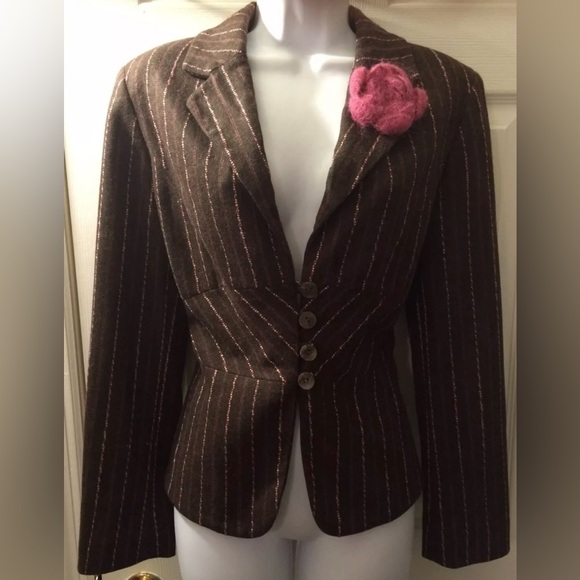 J.JILL Espresso Brown Wool Blends Blazer Pink Striped Flower Rosette Appliqué - Picture 10 of 10
